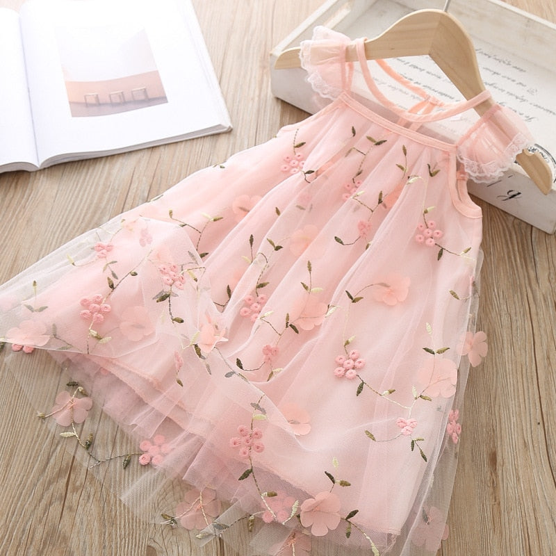 Summer Casual Dress Baby Girls Flower Pattern Sleeveless Lace Design Kids Princess Dresses