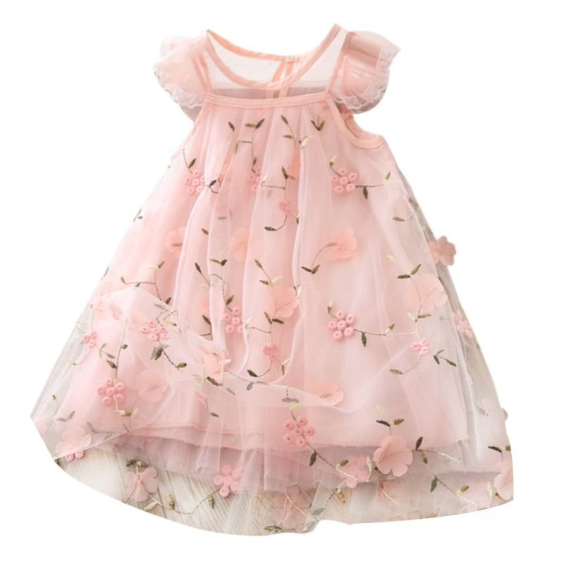 Summer Casual Dress Baby Girls Flower Pattern Sleeveless Lace Design Kids Princess Dresses