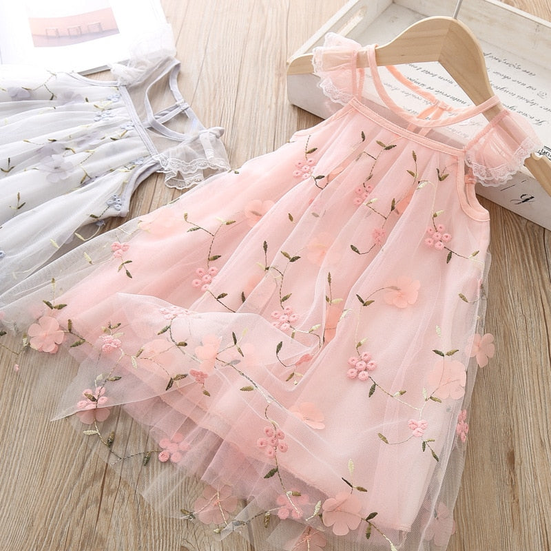 Summer Casual Dress Baby Girls Flower Pattern Sleeveless Lace Design Kids Princess Dresses