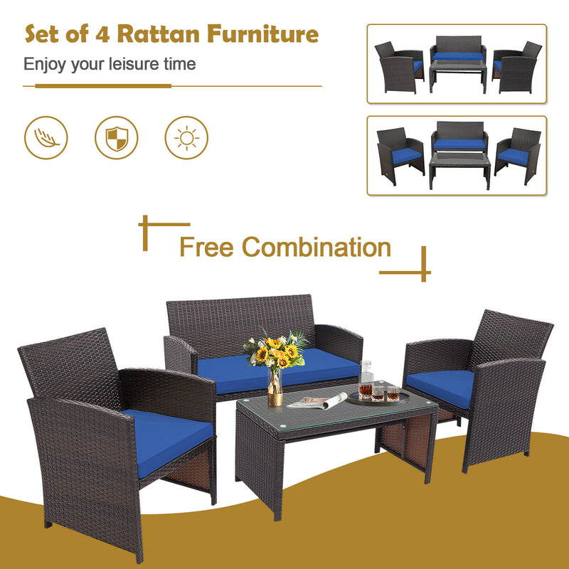 4PCS Patio Rattan Furniture Set Cushioned Chair Sofa Table HW67934