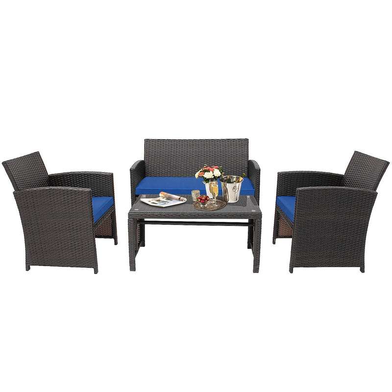 4PCS Patio Rattan Furniture Set Cushioned Chair Sofa Table HW67934