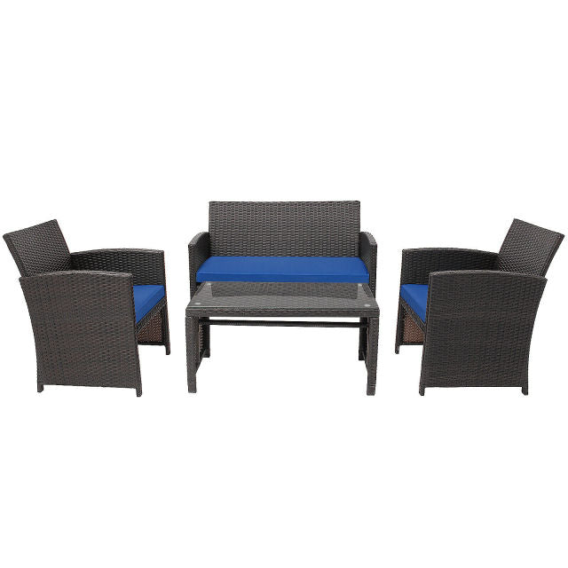 4PCS Patio Rattan Furniture Set Cushioned Chair Sofa Table HW67934