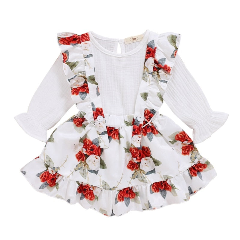 Autumn Baby Girl Long Sleeve Solid Color T-shirt Blouse Floral Strap Skirts Casual Outfits Set Hot Sale