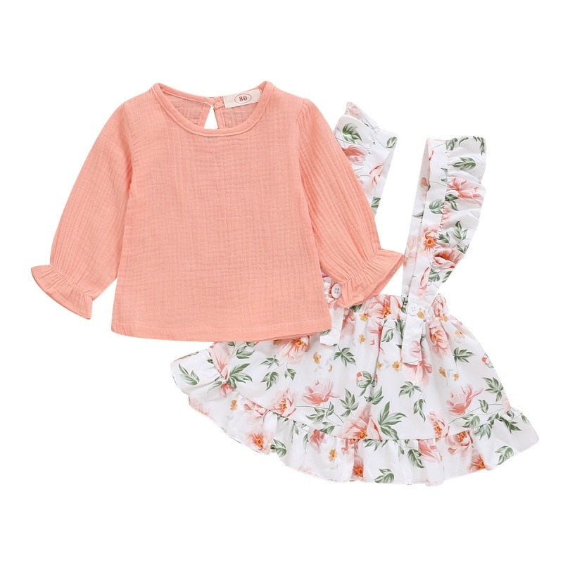 Autumn Baby Girl Long Sleeve Solid Color T-shirt Blouse Floral Strap Skirts Casual Outfits Set Hot Sale