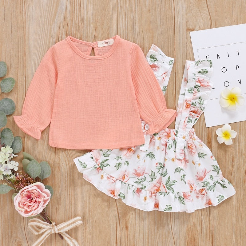 Autumn Baby Girl Long Sleeve Solid Color T-shirt Blouse Floral Strap Skirts Casual Outfits Set Hot Sale