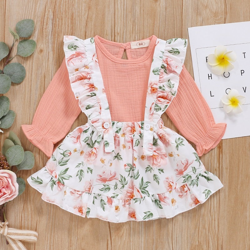 Autumn Baby Girl Long Sleeve Solid Color T-shirt Blouse Floral Strap Skirts Casual Outfits Set Hot Sale