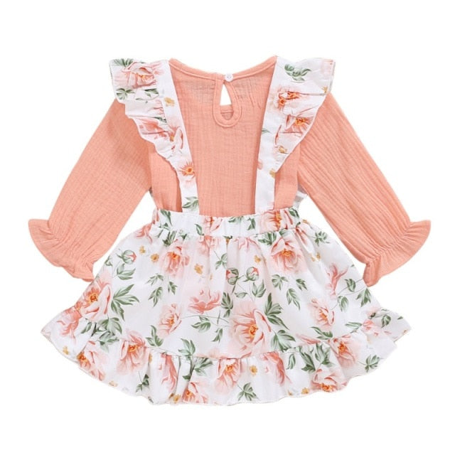 Autumn Baby Girl Long Sleeve Solid Color T-shirt Blouse Floral Strap Skirts Casual Outfits Set Hot Sale