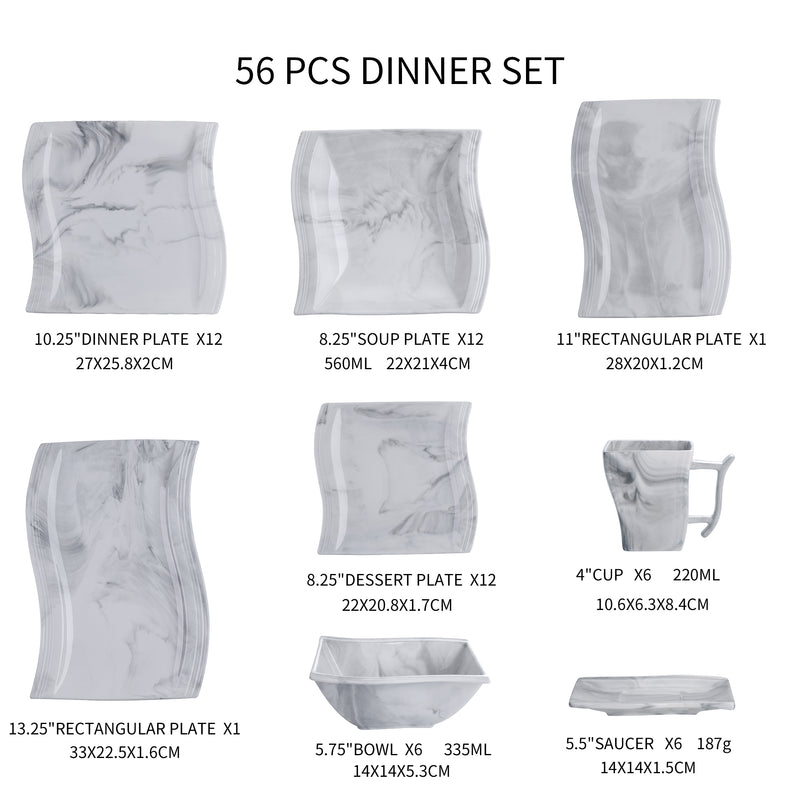 56-Piece Marble Grey Porcelain Dinner Set