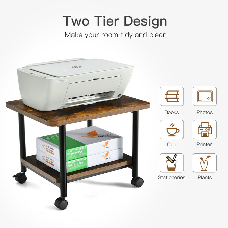 2-Tier Rolling Under Desk Printer Cart Machine Stand Storage Rack Brown HW62954FG