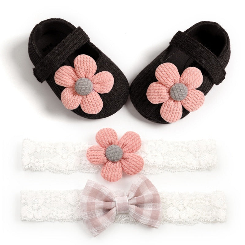 Cute Baby Girl Anti-Slip Casual Walking Shoes Flower Sneakers Soft Soled Shoes+2 Headband 3 Suit New Arrival