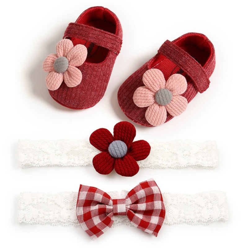 Cute Baby Girl Anti-Slip Casual Walking Shoes Flower Sneakers Soft Soled Shoes+2 Headband 3 Suit New Arrival