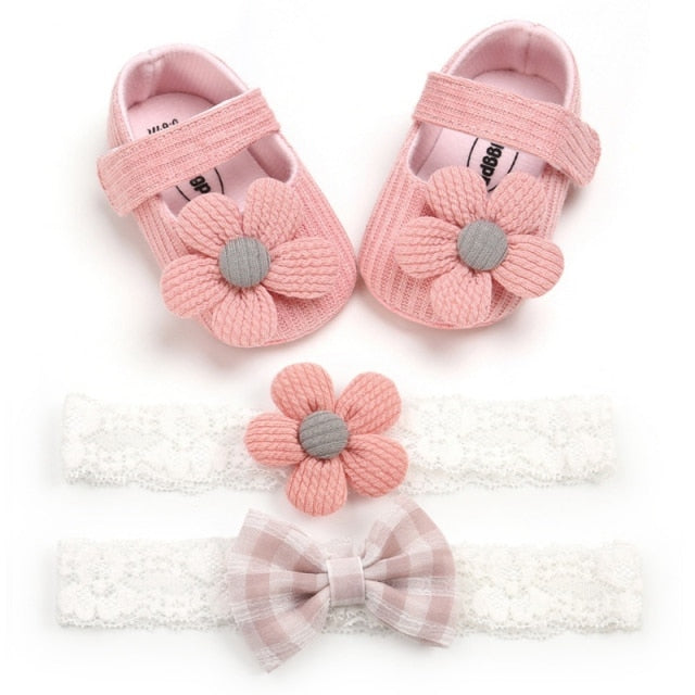 Cute Baby Girl Anti-Slip Casual Walking Shoes Flower Sneakers Soft Soled Shoes+2 Headband 3 Suit New Arrival