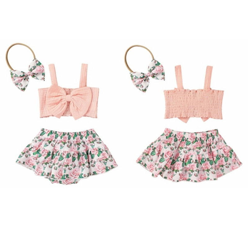 Toddler Baby Girls Summer Set Solid Print Sleeveless Bowknot Short T-shirt Floral Shorts Skirt Headband Outfits New