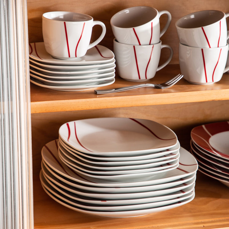 60 Piece Red Stripe Ivory White Porcelain Dinner Set