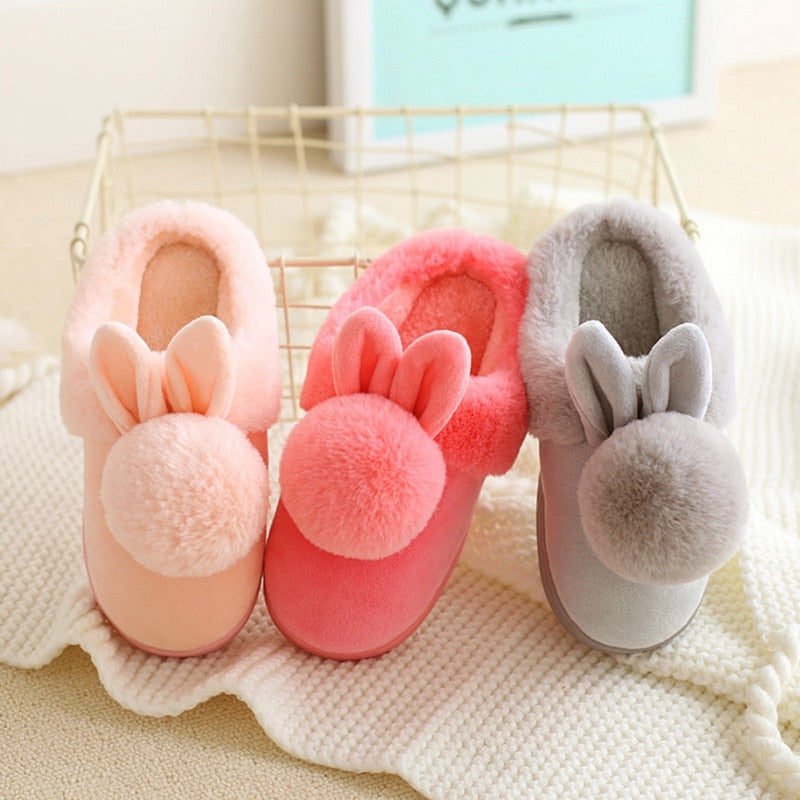 Kids Cotton Indoor Slippers With Ball Baby Winter Boys Girls Home Non-Slip Rabbit Design Cute Plush Warming Shoes