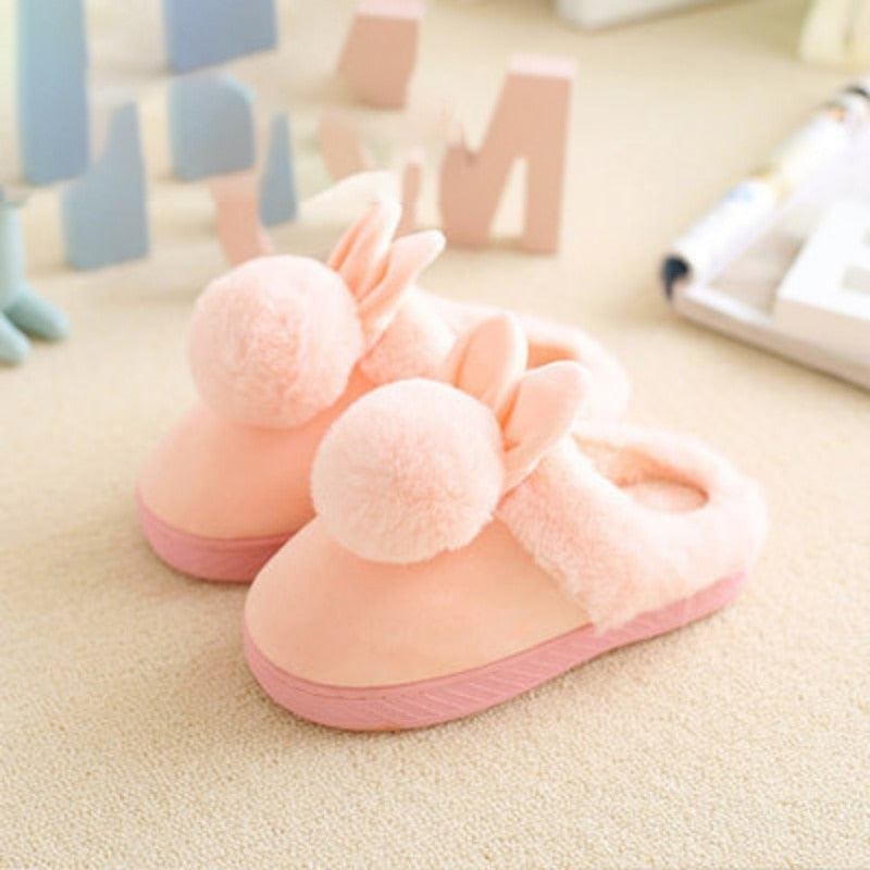 Kids Cotton Indoor Slippers With Ball Baby Winter Boys Girls Home Non-Slip Rabbit Design Cute Plush Warming Shoes