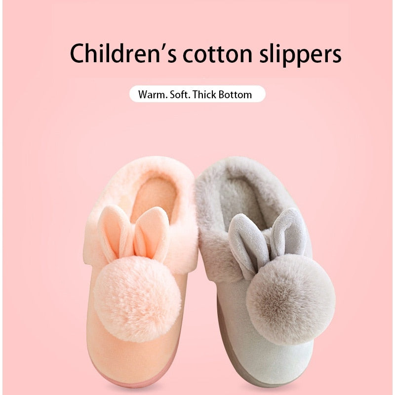 Kids Cotton Indoor Slippers With Ball Baby Winter Boys Girls Home Non-Slip Rabbit Design Cute Plush Warming Shoes