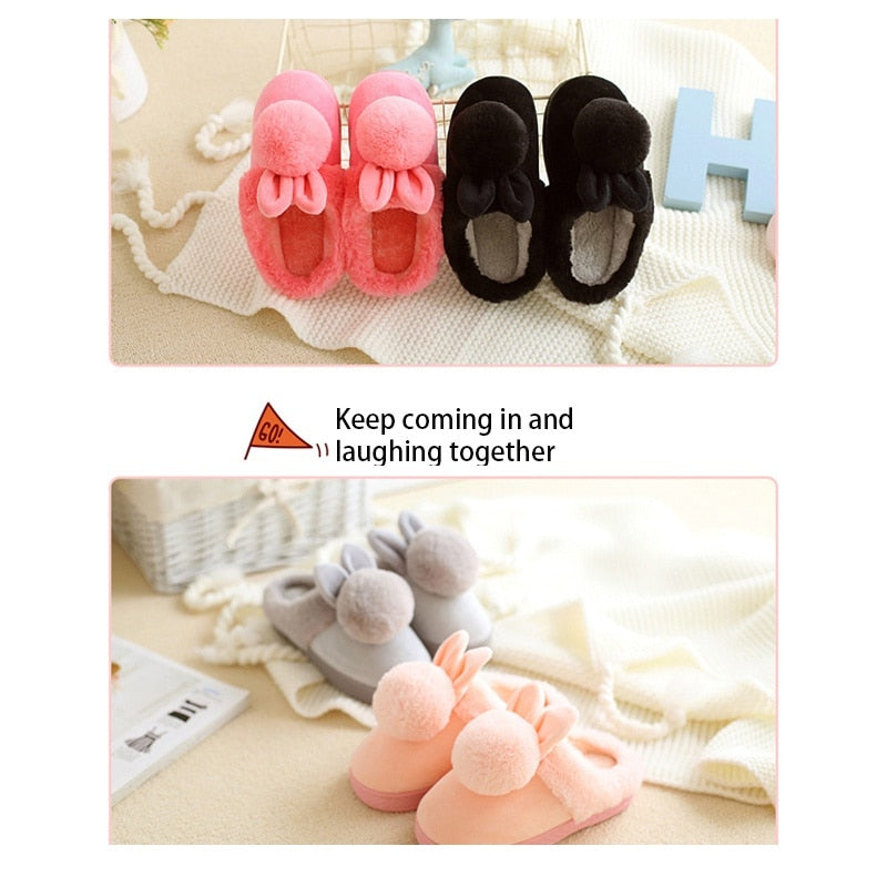 Kids Cotton Indoor Slippers With Ball Baby Winter Boys Girls Home Non-Slip Rabbit Design Cute Plush Warming Shoes