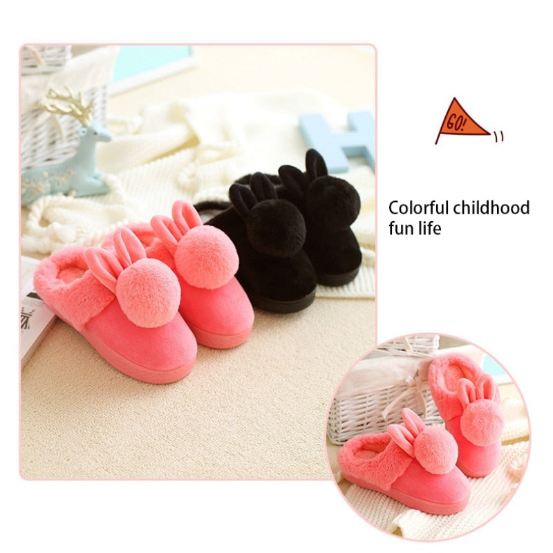 Kids Cotton Indoor Slippers With Ball Baby Winter Boys Girls Home Non-Slip Rabbit Design Cute Plush Warming Shoes