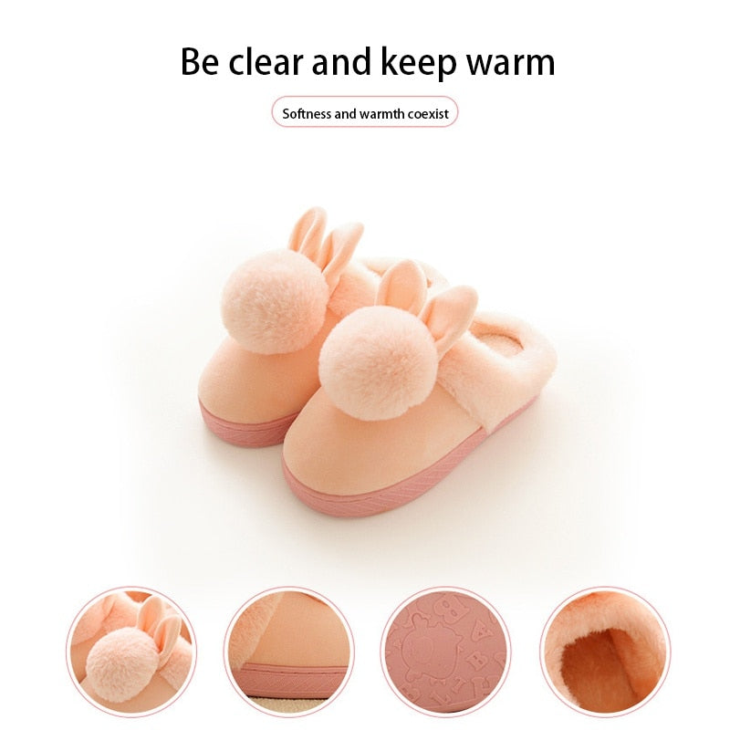 Kids Cotton Indoor Slippers With Ball Baby Winter Boys Girls Home Non-Slip Rabbit Design Cute Plush Warming Shoes