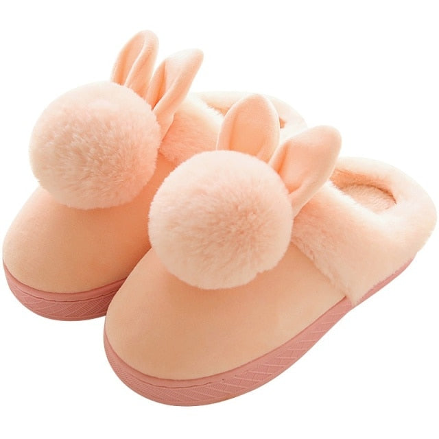 Kids Cotton Indoor Slippers With Ball Baby Winter Boys Girls Home Non-Slip Rabbit Design Cute Plush Warming Shoes