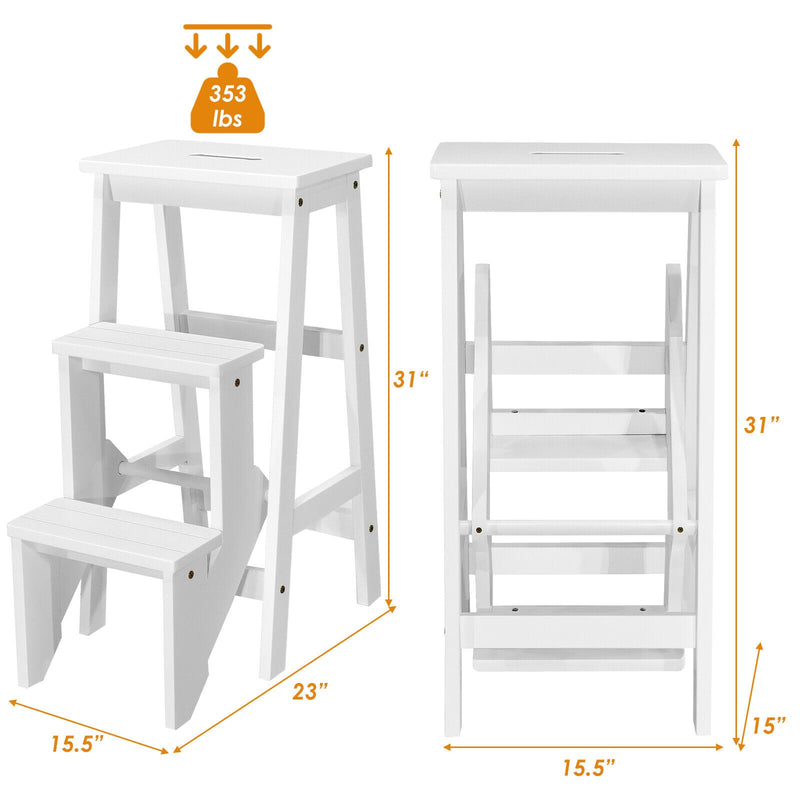 3 Tier Step Stool 3 in 1 Folding Ladder Bench Storage Shelf White