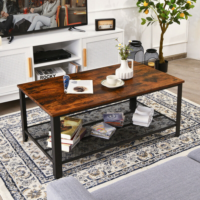 Coffee Table Console Table with Storage Shelf and Metal Frame Wood Look Brown
