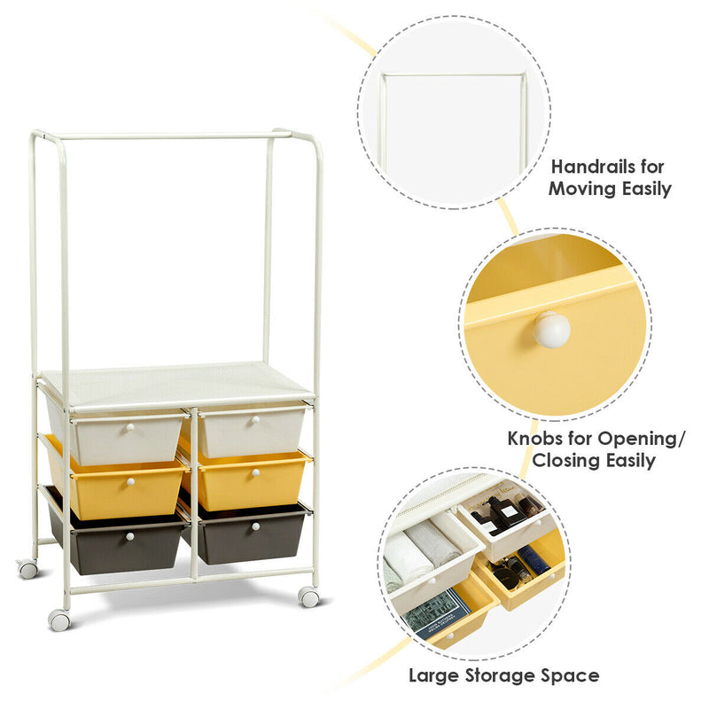 6 Drawer Rolling Storage Cart w/Hanging Bar Office School Organizer HW65858
