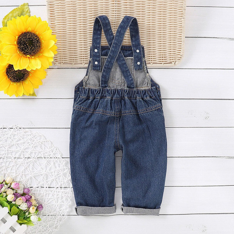 Summer Kids Overalls Baby Girl Sunflower Print Strap Jeans Hole Denim Pants