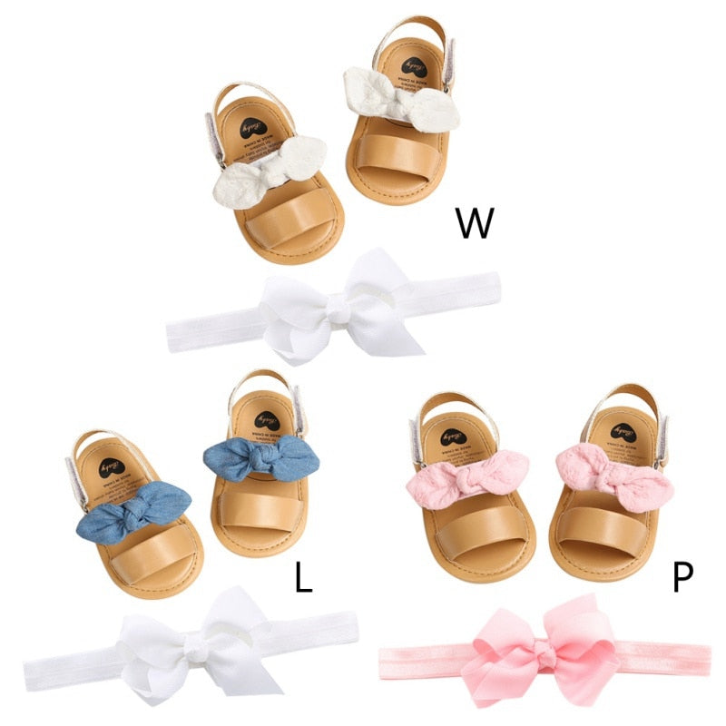 Newborn Baby Girls Cute Bow Sandals PU Princess Soft Bottom Shoes Toddler Sandals with White Pink Headband Two-piece Set New