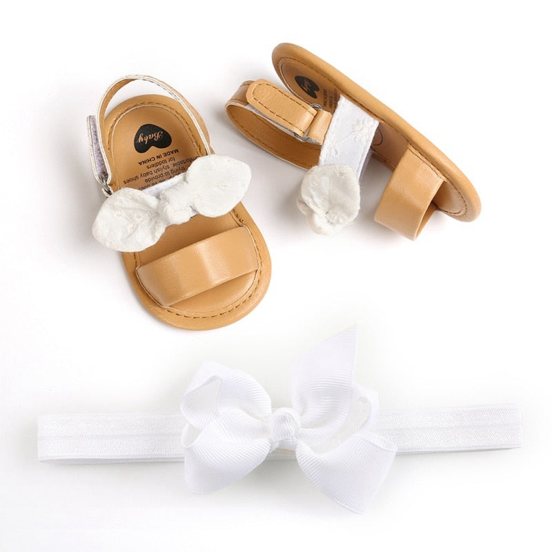 Newborn Baby Girls Cute Bow Sandals PU Princess Soft Bottom Shoes Toddler Sandals with White Pink Headband Two-piece Set New