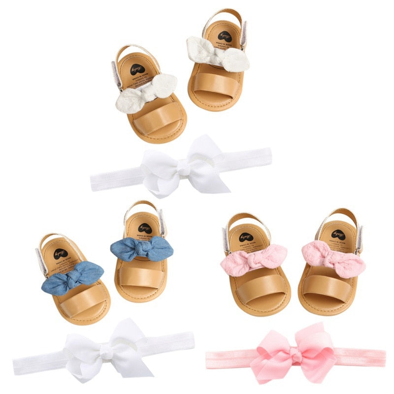 Newborn Baby Girls Cute Bow Sandals PU Princess Soft Bottom Shoes Toddler Sandals with White Pink Headband Two-piece Set New