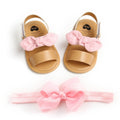 Newborn Baby Girls Cute Bow Sandals PU Princess Soft Bottom Shoes Toddler Sandals with White Pink Headband Two-piece Set New