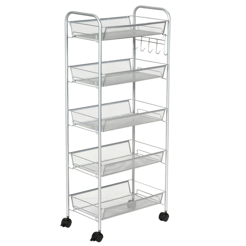 5 Tier Mesh Rolling File Utility Cart Storage Basket Home Office Kitchen Grey