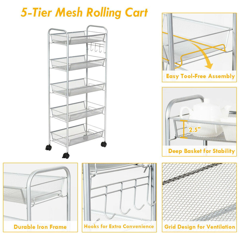 5 Tier Mesh Rolling File Utility Cart Storage Basket Home Office Kitchen Grey