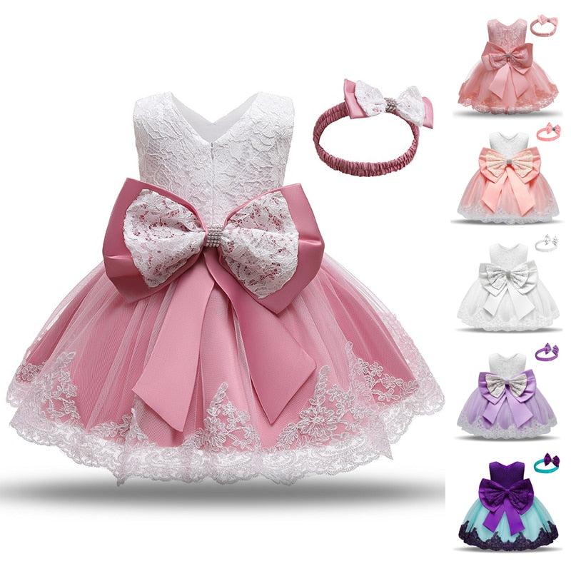 Baby Dress Bowknot Flower Dresses Lace Pageant Party Wedding Flower Girl Tutu Gown