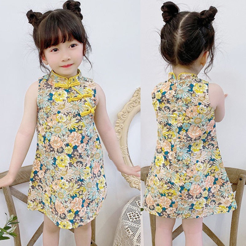 Summer Girls Chinese Style Sleeveless Vest Cheongsam Dress