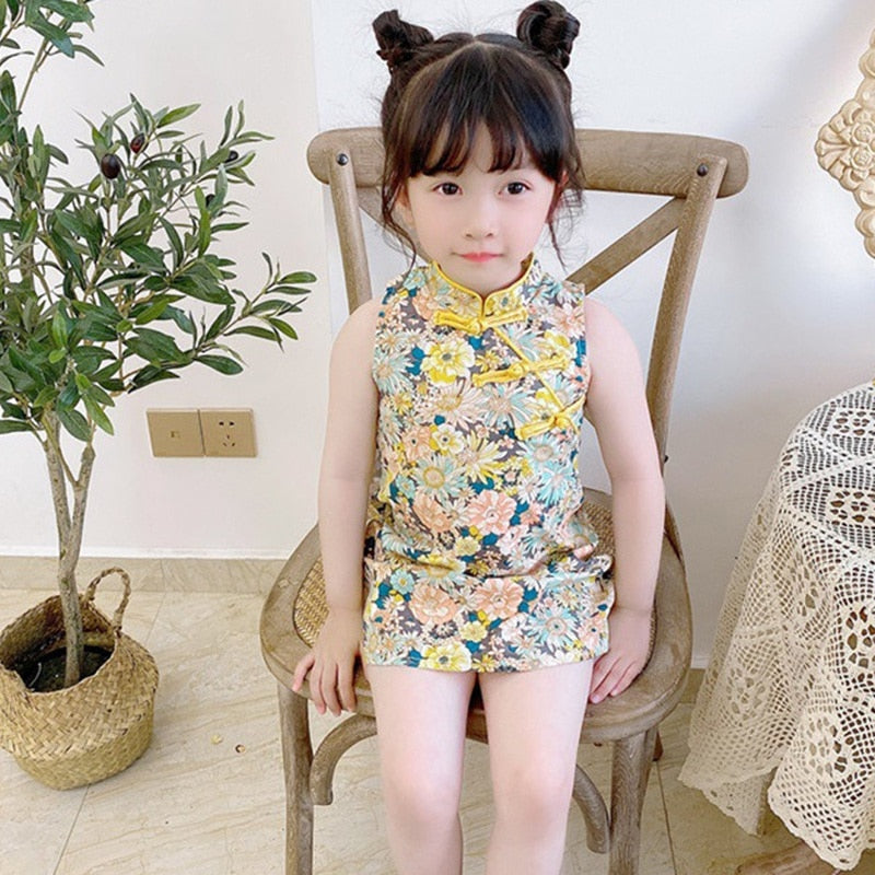 Summer Girls Chinese Style Sleeveless Vest Cheongsam Dress