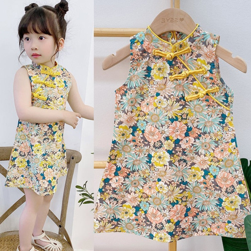 Summer Girls Chinese Style Sleeveless Vest Cheongsam Dress