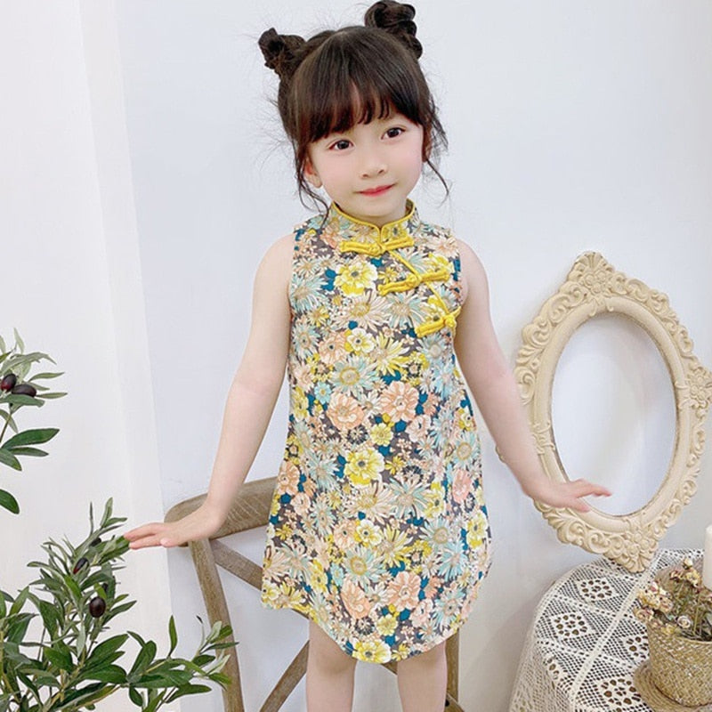 Summer Girls Chinese Style Sleeveless Vest Cheongsam Dress