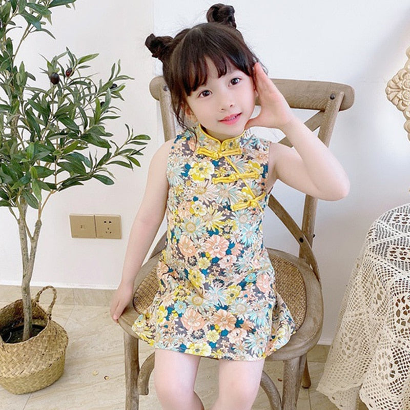 Summer Girls Chinese Style Sleeveless Vest Cheongsam Dress