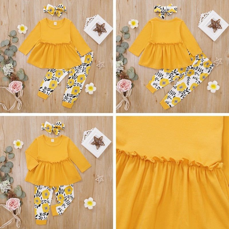 Autumn Baby Girl Casual Costume Long Sleeve Solid Blouse Dress+Floral Print Pants+Headband Set Hot Sale