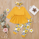 Autumn Baby Girl Casual Costume Long Sleeve Solid Blouse Dress+Floral Print Pants+Headband Set Hot Sale