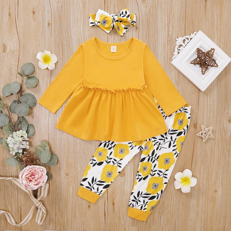 Autumn Baby Girl Casual Costume Long Sleeve Solid Blouse Dress+Floral Print Pants+Headband Set Hot Sale