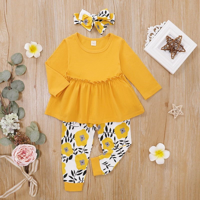 Autumn Baby Girl Casual Costume Long Sleeve Solid Blouse Dress+Floral Print Pants+Headband Set Hot Sale