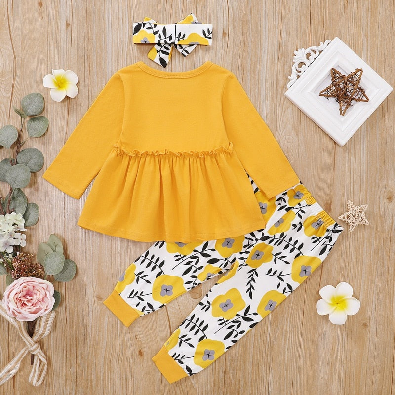 Autumn Baby Girl Casual Costume Long Sleeve Solid Blouse Dress+Floral Print Pants+Headband Set Hot Sale