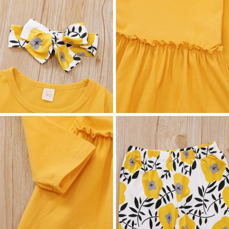 Autumn Baby Girl Casual Costume Long Sleeve Solid Blouse Dress+Floral Print Pants+Headband Set Hot Sale