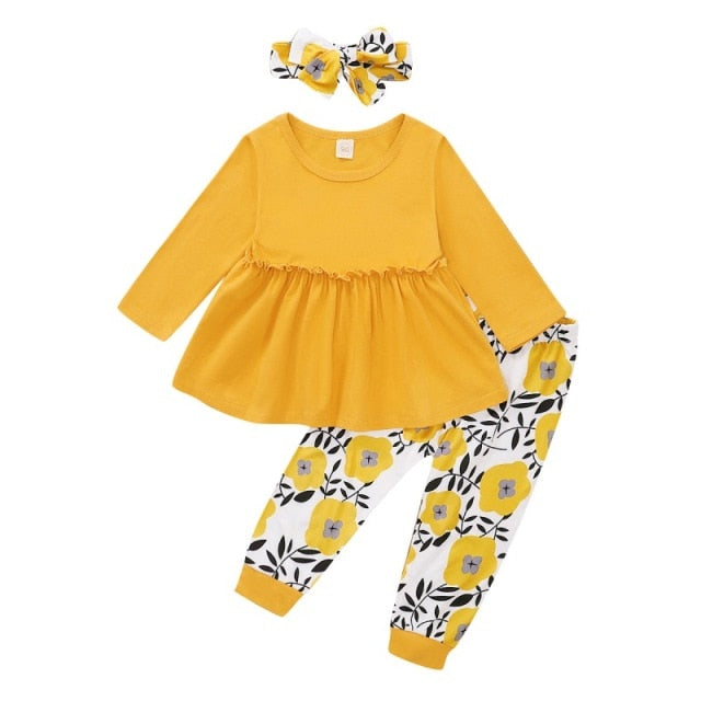 Autumn Baby Girl Casual Costume Long Sleeve Solid Blouse Dress+Floral Print Pants+Headband Set Hot Sale