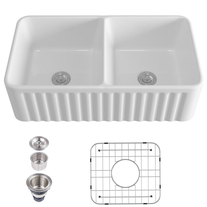 Rectangular Ceramic Double Basin Kitchen Sink w/ Basket Strainer