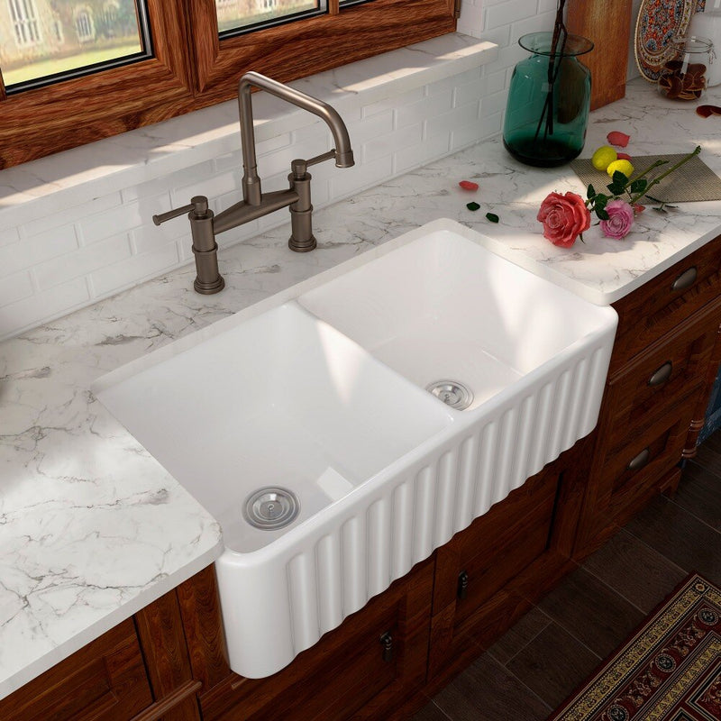 Rectangular Ceramic Double Basin Kitchen Sink w/ Basket Strainer